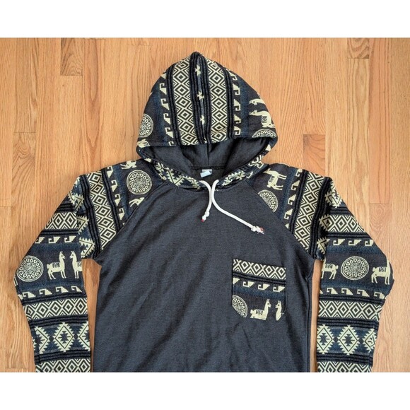 Ecuador Aztec Hoodie Pullover Wool Blend Blue Footed Design Handmade Alpaca L - Picture 3 of 12
